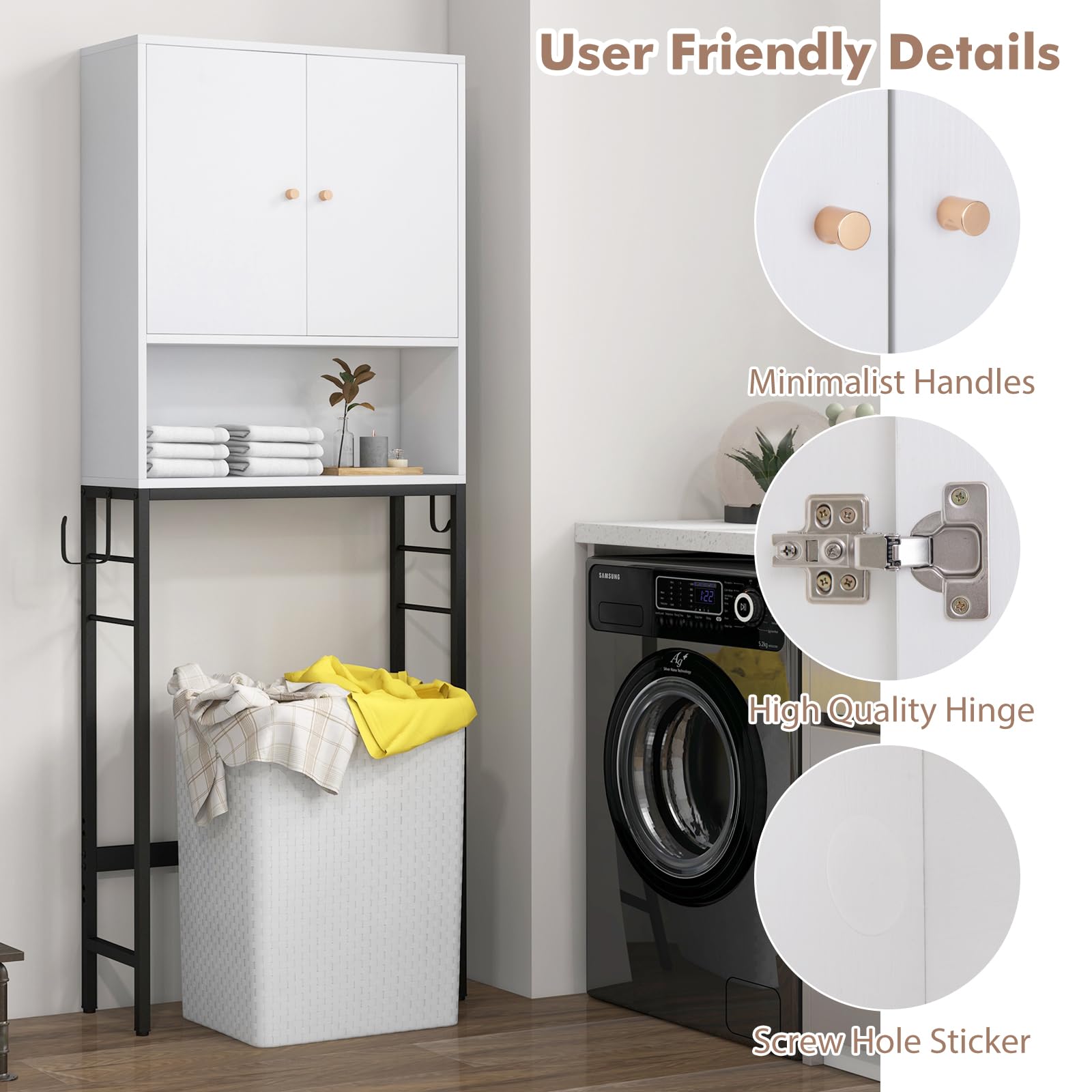 LIFEZEAL Mobile sopra il WC Mensola indipendente per bagno con 2 porte, armadio da pavimento con ripiani regolabili e 2 ganci laterali, organizer sopra WC per lavanderia (bianco)