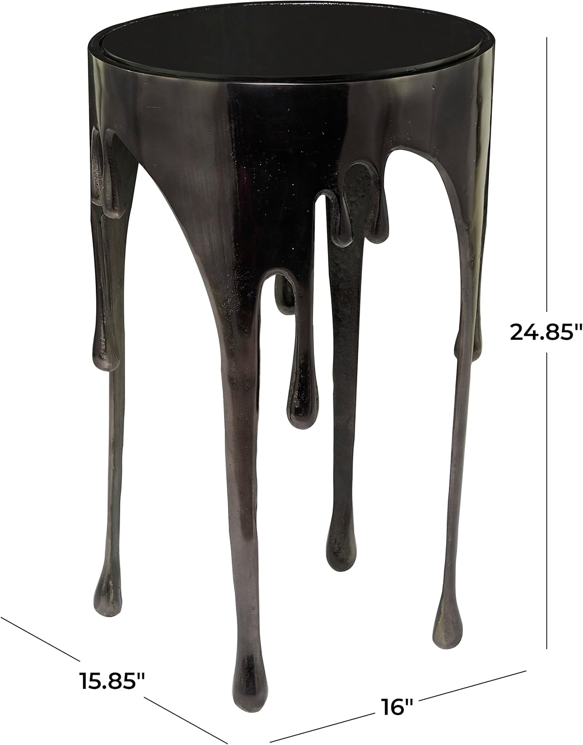 Deco 79 Aluminum Drip Accent Table with Melting Designed Legs and Shaded Glass Top, 16" x 16" x 25", Black