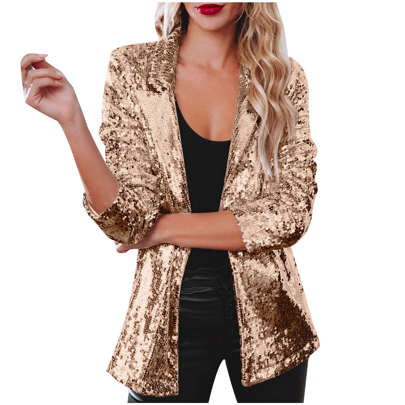 Womens Sequin Blazer Jacket Glitter Sparkle Open Front Casual Long Sleeve Lapel Neck Party Christmas Coat