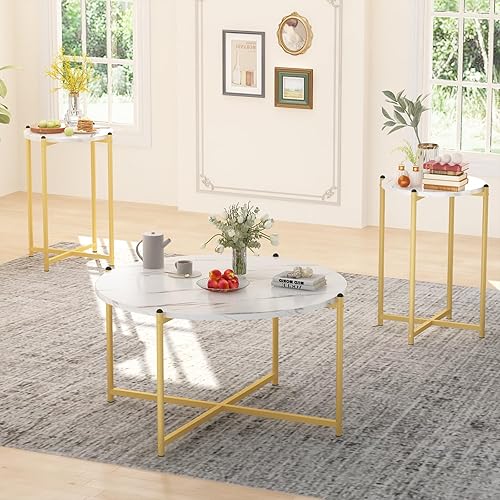 Miniatura 4 de Lamerge Juego de 3 mesas auxiliares, moderna parte superior de mármol sintético con marco dorado, 1 mesa auxiliar y 2 mesas decorativas, juego de