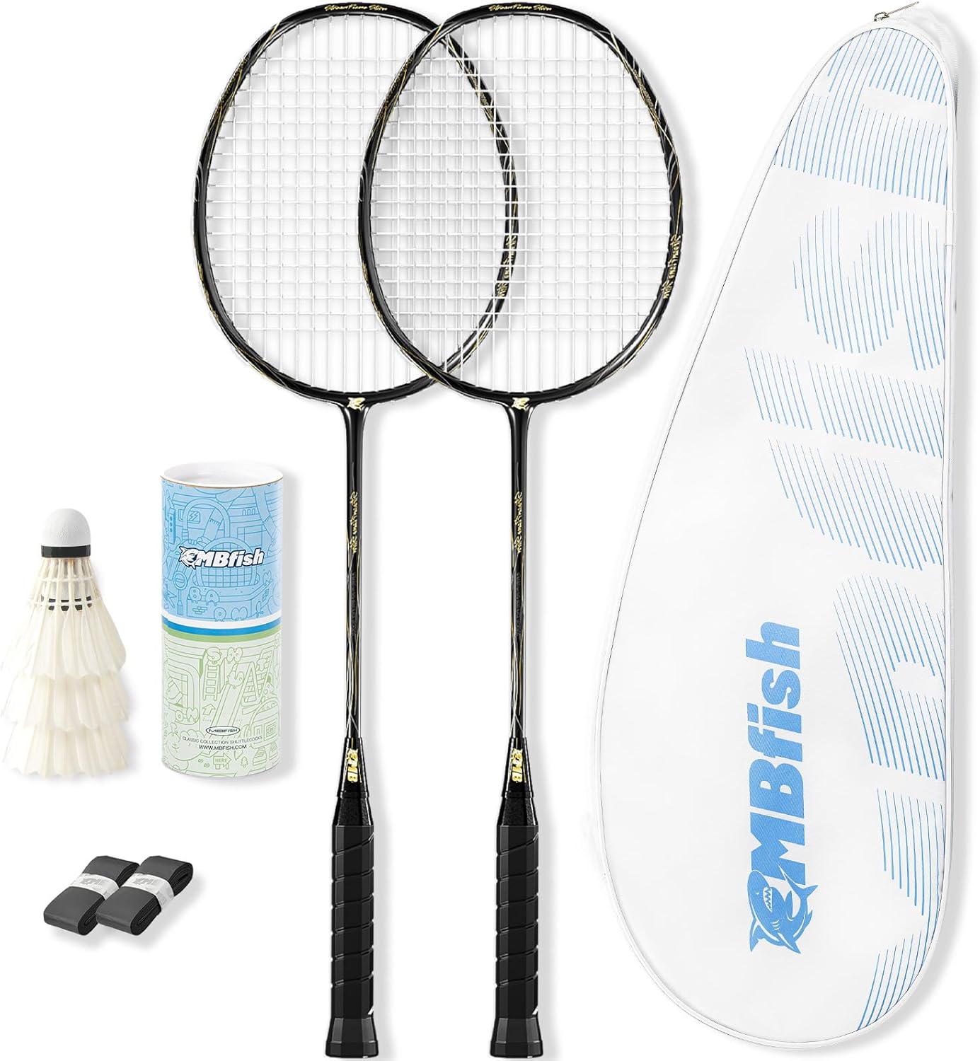Badminton Racket Set with 2 Carbon Fiber Rackets, 3 Shuttlecocks, 2 Replacement Racket Grip Tapes and 1 Badminton Bag - Perfect for Beginners & Outdoor Games 4U Black