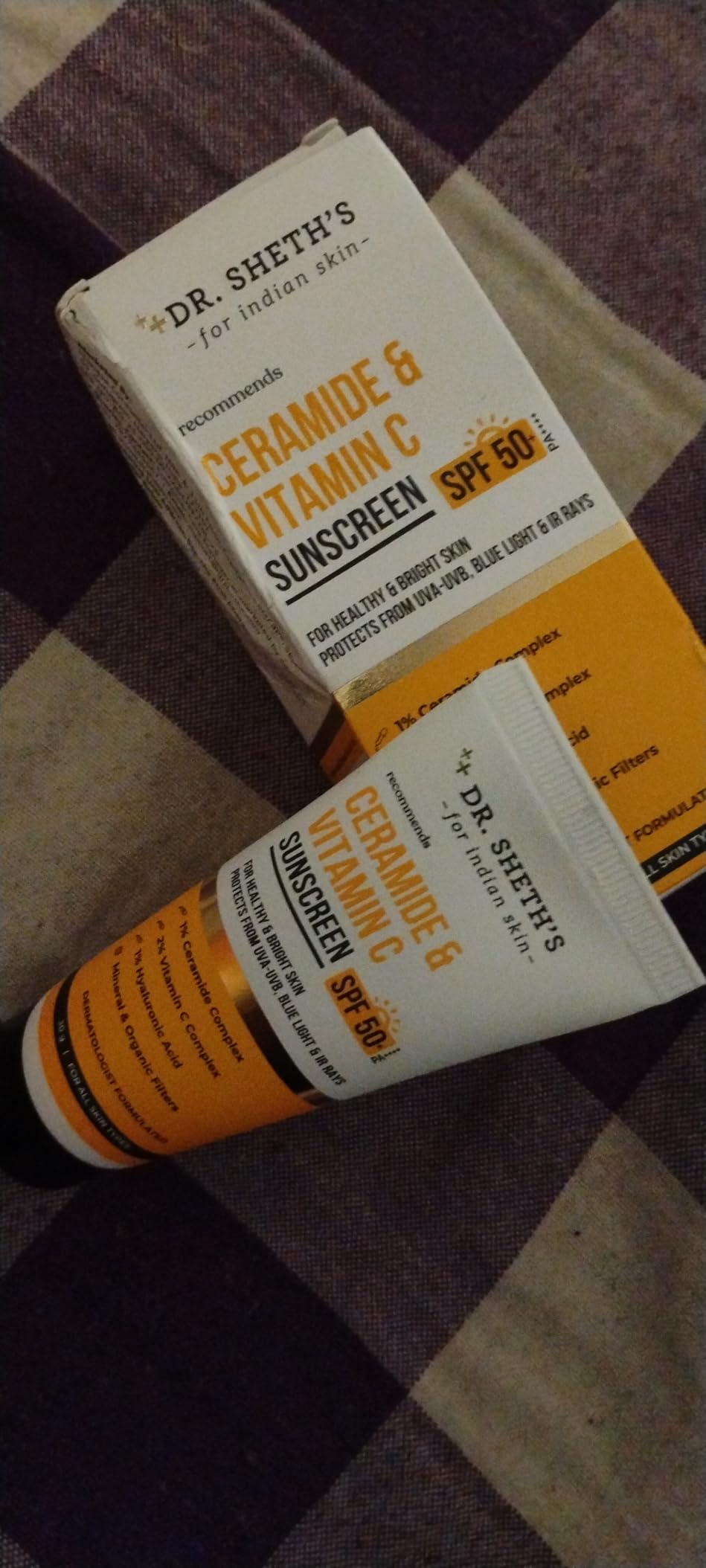 Dr. Sheth's Ceramide & Vitamin C Sunscreen In-Vivo Tested Protects, Moisturizes & Brightens Skin SPF 50+ PA++++ Lightweight, Leaves No White Cast 30 g