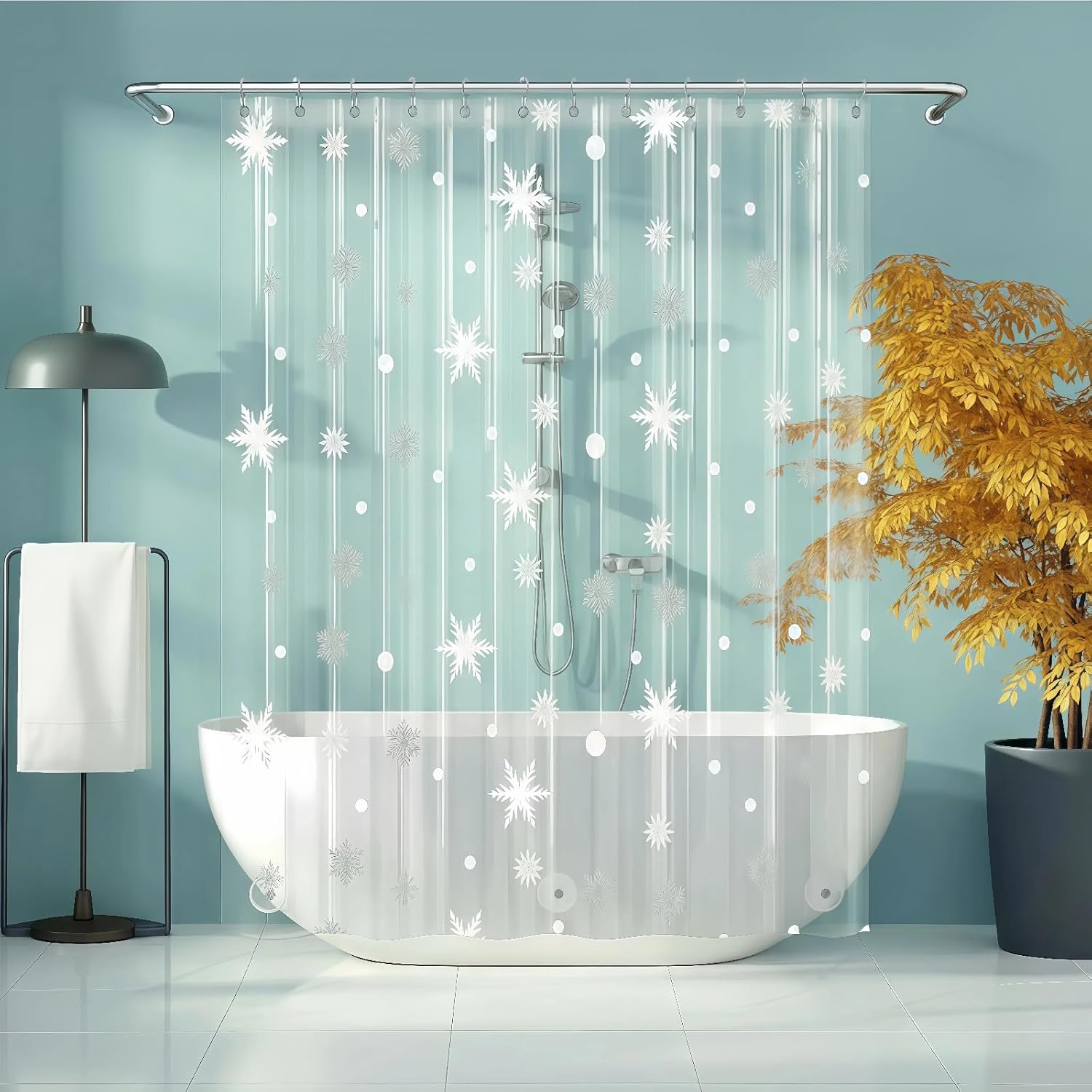 Clear Winter White Snowflake Shower Curtain Liner, Plastic Transparent Western Christmas Themed Holiday Shower Curtains for Bathroom, 72x78 Weighted Magnetic Christmas Shower Curtain Set with 12 hooks