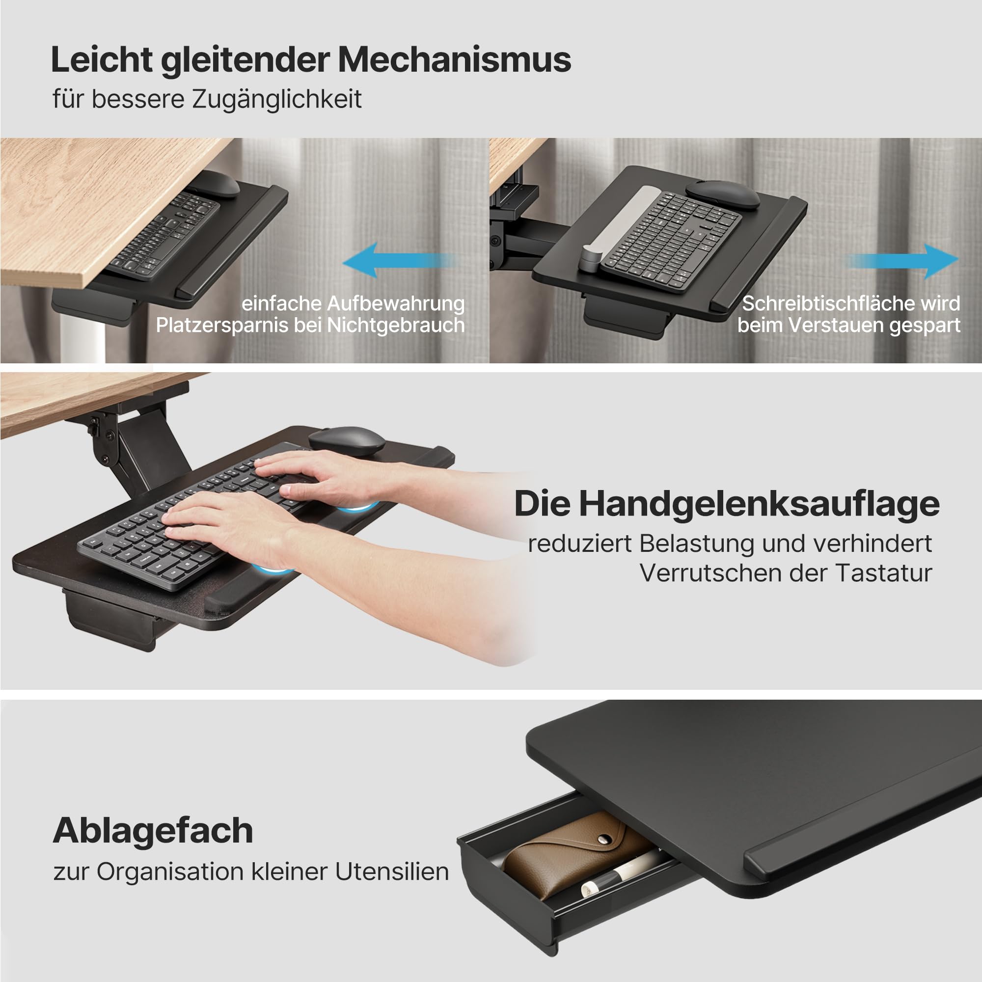 PEGZONE Tastaturablage unter dem Schreibtisch Mit Aufbewahrungsschublade, Große 635 x 270 mm, Ergonomic höhenverstellbare, Schwenk- und neigbare Tastaturablage für Büro, zu Hause