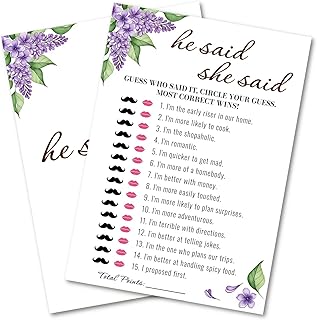 Bridal Shower Party Game Cards - He Said She Said for Wedding Engagement Bachelorette - Romantic Modern Simple Elegant - 30 Pcs 5X7 Inch Ready To Play Instant Fun Purple White Lilac