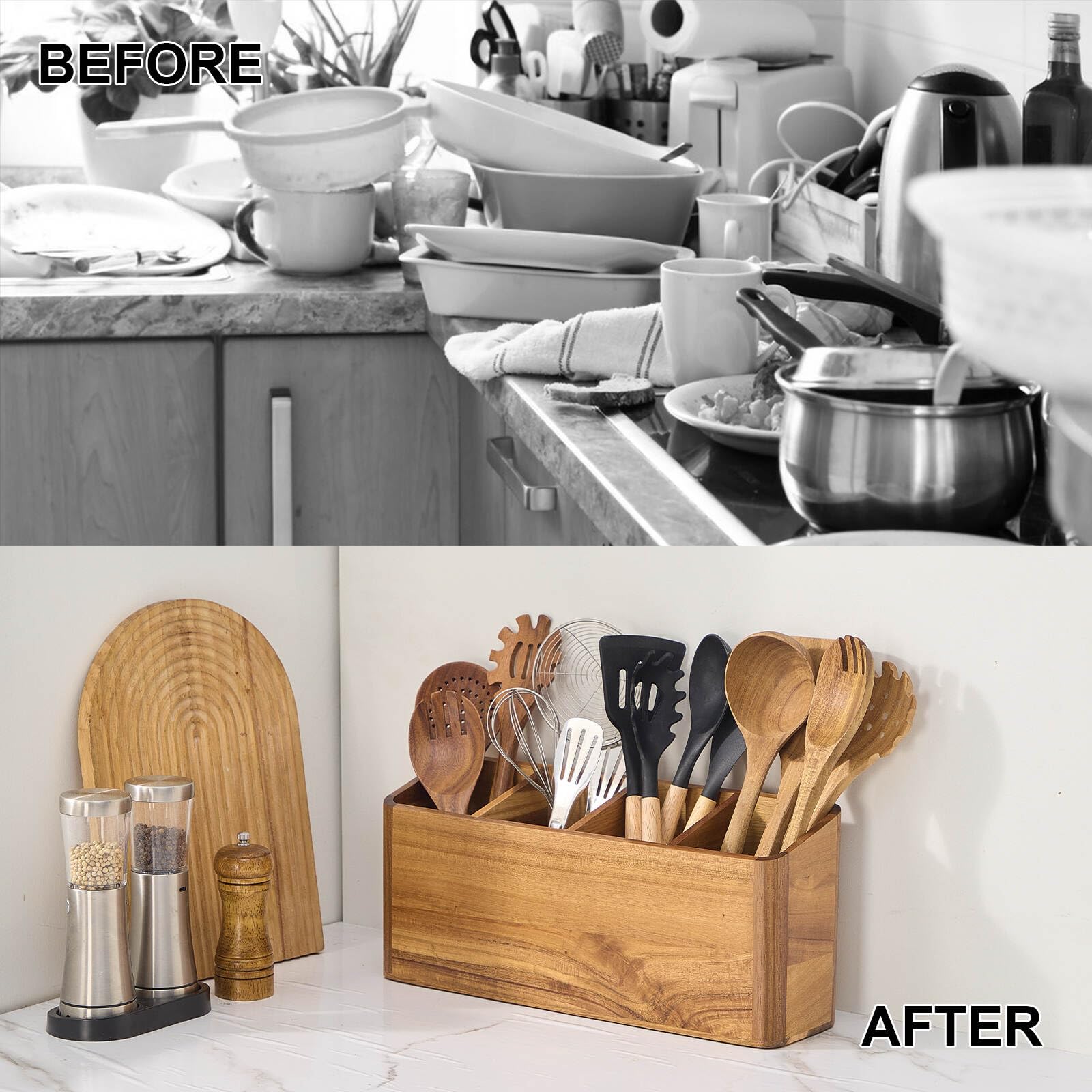 Utensilienhalter aus Holz für Küchentheke, Akazienholz, Küchenutensilienhalter für Arbeitsplatte mit 4 Fächern, Kochutensilien-Organizer, Besteck-Caddy (Akazienholz, 4 Fächer)