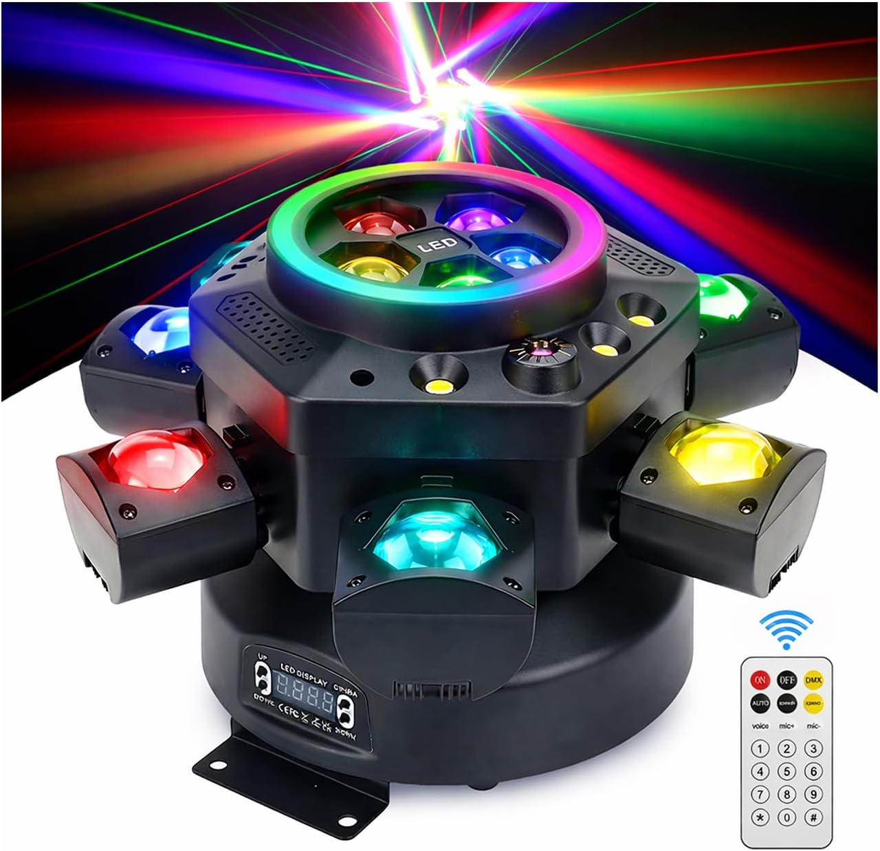 150W 6-Arm Spider Moving Head DJ Light - RGBW Bee-Eye Beam, Starry Laser, White & Amber Strobe, Halo Ring - DMX512 Sound Activated Hybrid Stage Lighting Wedding Club