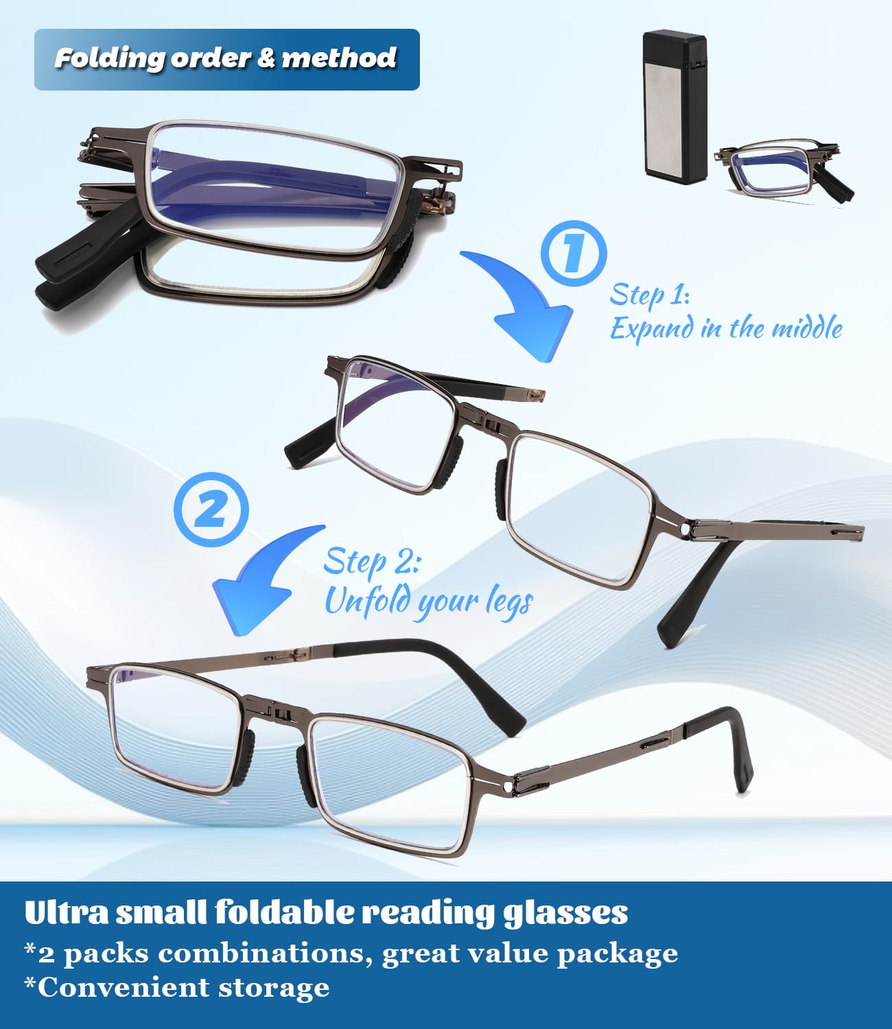 Hubeye Gafas de lectura plegables de metal para hombres y mujeres con bisagras de resorte Anteojos de lectura anti luz azul con estuche de metal portátil