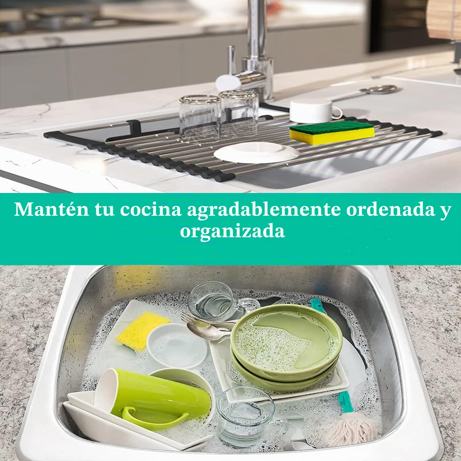 Puede expandir el Fregadero de la Cocina de la Bandeja de Secado de la Bobina por Encima de 12.6"-23.3", el Estante de Secado del Fregadero, el Drenaje del Carrete de Acero Inoxidable (Gris)