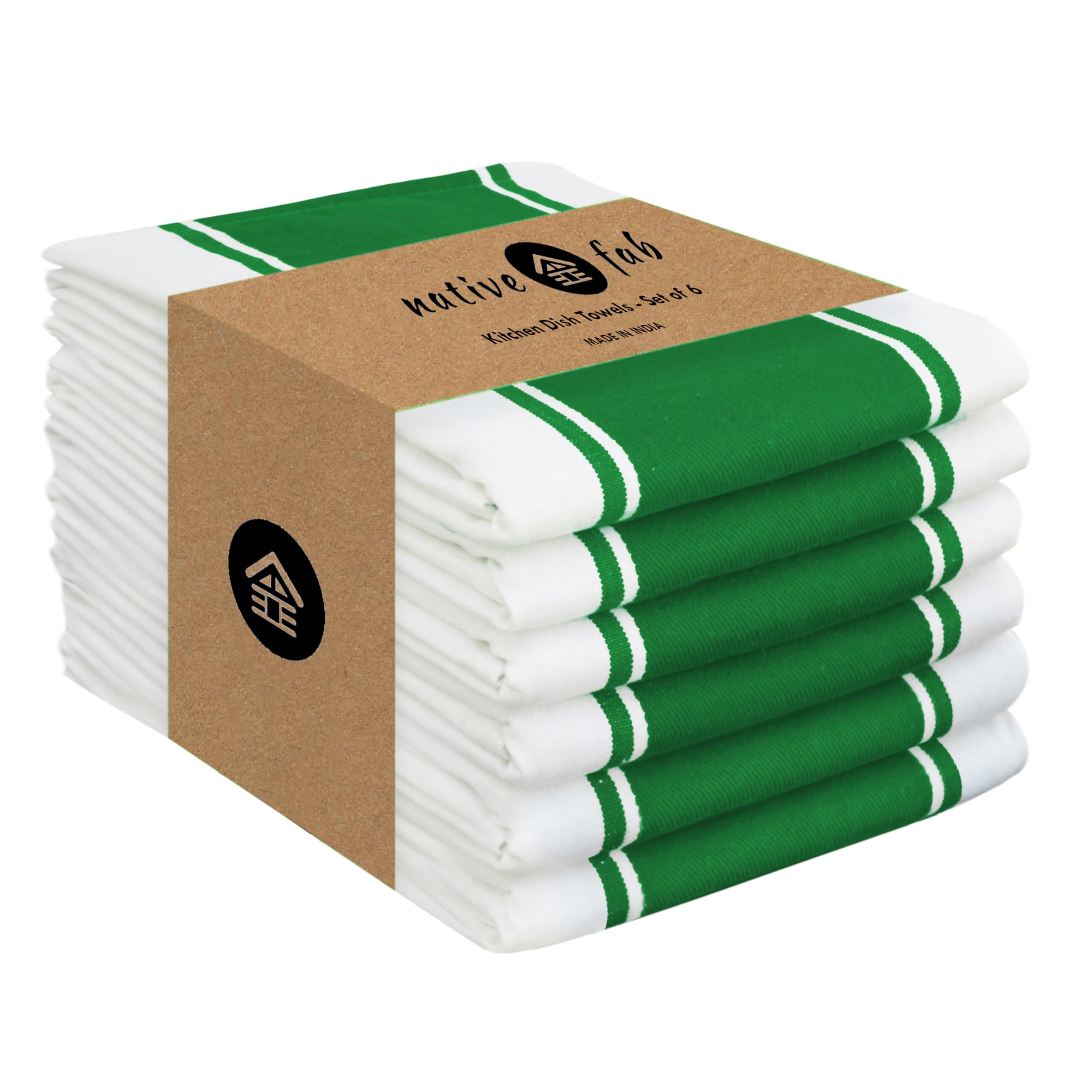Native Fab Green Kitchen Towels 18 x 28 Inch, 6 Pack, Wide Stripe, Super Absorbent, Fast Dry, Soft, Cotton Dish Towels for Wiping Hands, Drying Dishes, Counter Cleaning Dish Cloth Set - Green
