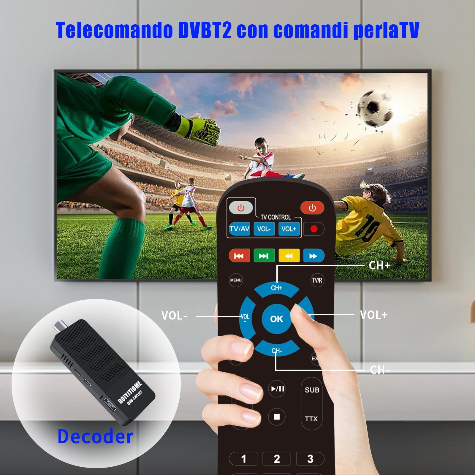 Decodificador DVB-T2, Decodificador Digital Terrestre 2023, HD 1080P H265 HEVC 10-Bit Master 10-Bit, Soporta ETHERNET/AV/USB WiFi/Cast Screen/Dubstep/Multimedia/PVR Función [Mando a Distancia 2 en 1]