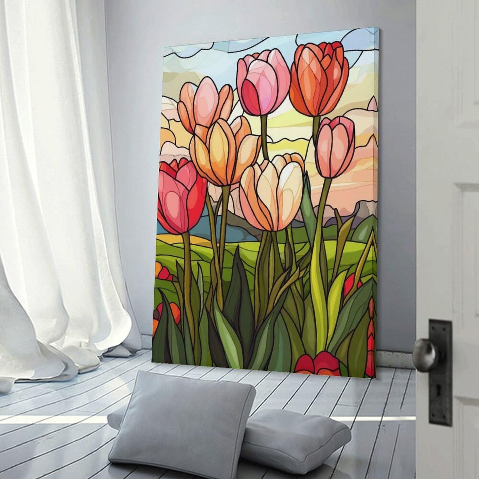 Junmoney Stained Glass Tulips Room Decor Wall Art 20x30inch(50x75cm), for Entrance Spaces, Stair Walls Or Halls, A Neat Decor Update for Hallways