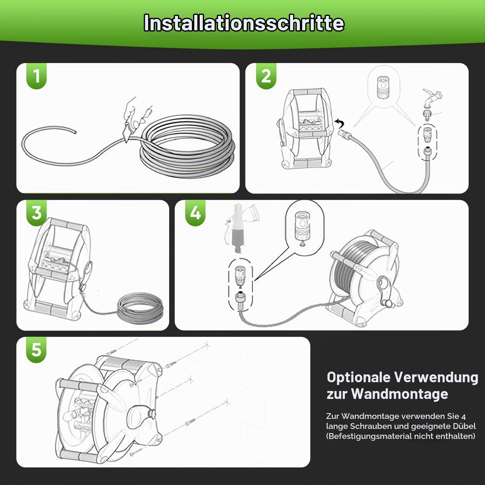 Schlauchtrommel 20m Schlauch mit 6–Mobile GartenSchlauchtrommel schlauch Trommel Mobile Schlauchtrommel, platzsparend an der Wand montierbar und jederzeit abnehmbar, Spritze und Systemteilen
