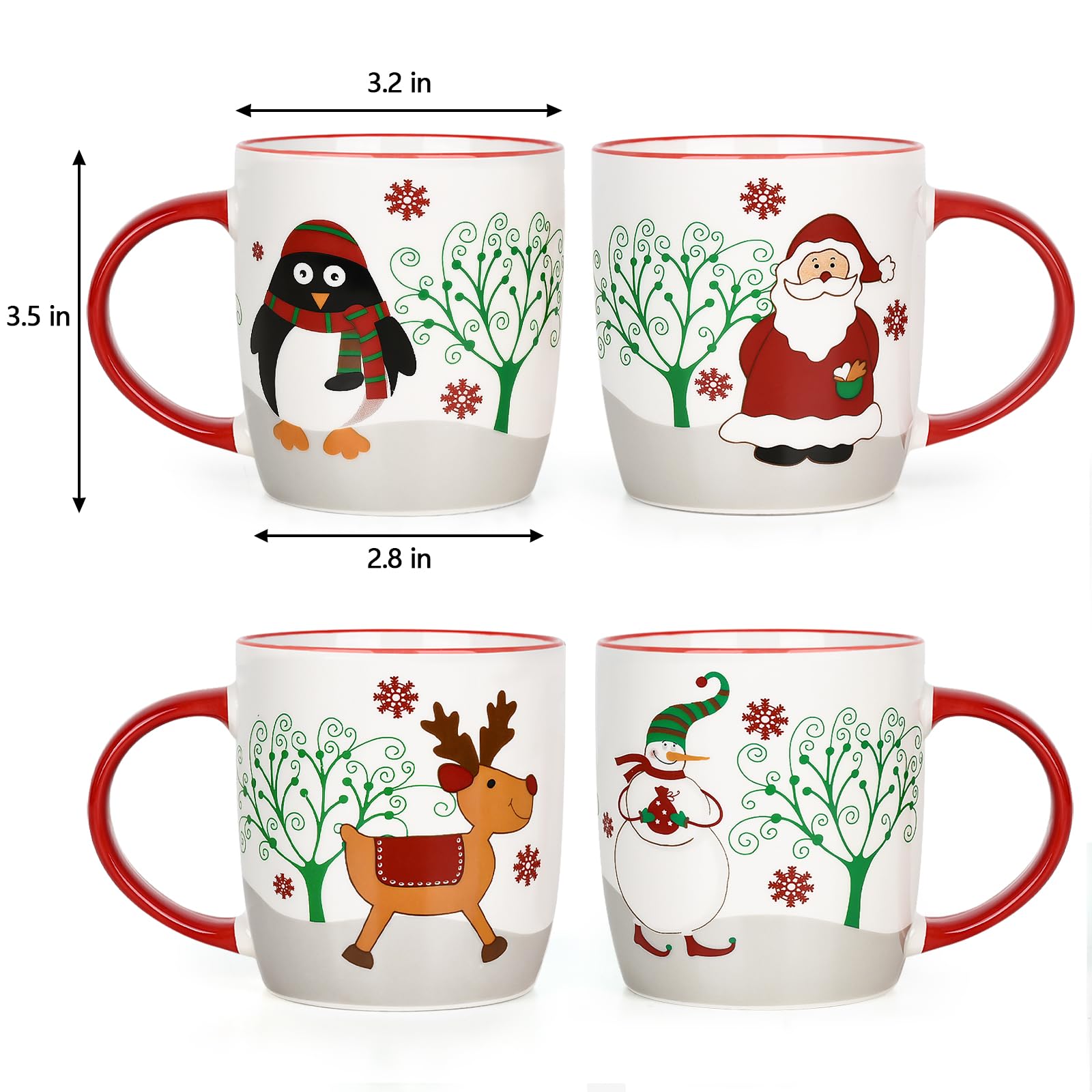 YHRJWN Lot de 4 tasses à café « Merry Christmas » avec renne, Père Noël, bonhomme de neige, pingouin, cadeaux de Noël pour la famille et les amis, 325 ml