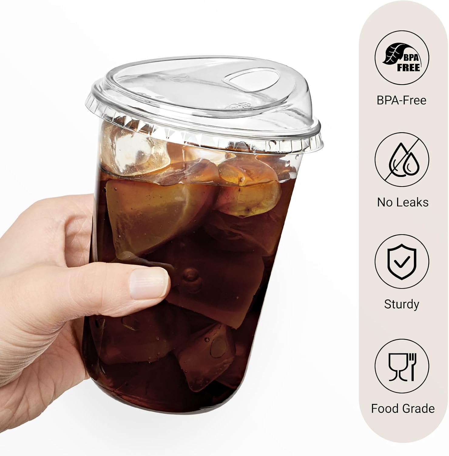 Soelomu 16 Oz Round Bottom Clear Plastic Cups with Strawless Sip Lids, 50 PCS Iced Coffee Cups, Disposable To Go Cup for Juice Smoothie Cold Drinks