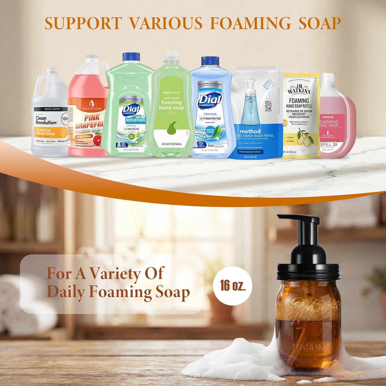 Amolliar Plastic Mason Jar Foaming Soap Dispenser Pump Lid (2 Pack, Black)