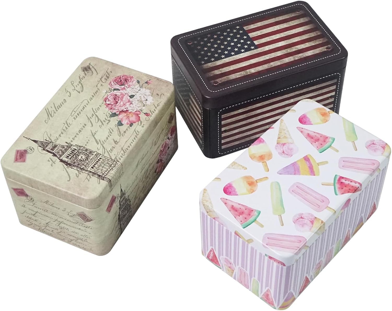DreamsEden 3-Pack Small Storage Tin Box - Vintage US Flag, Green Sketching, Pink Popsicles Metal Box Set - Decorative Mini Containers for Candy, Jewelry, Keepsakes - Home Decoration Gift Collection