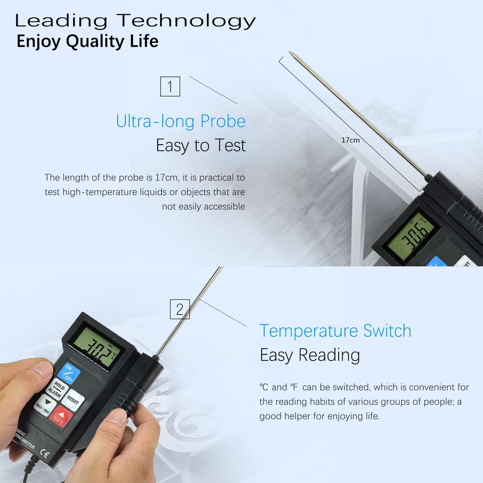 Professionelles Digitales Thermometer mit Fühler Hochpräzises Elektronisches Thermometer Wassertemperatur, EM502C für Lebensmittel Industrie