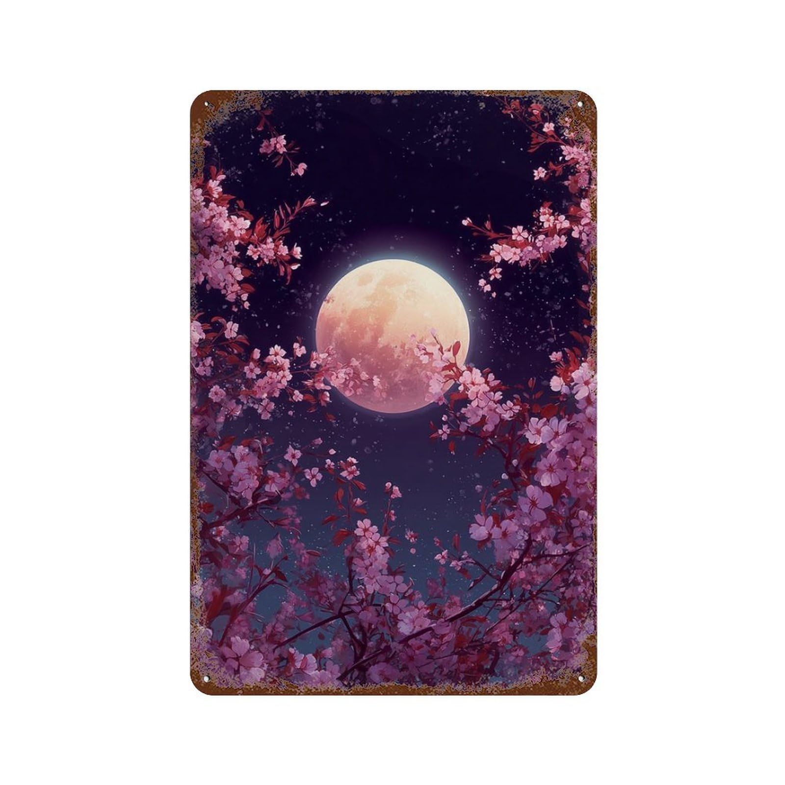 Cherry Blossom Moon Night-8 11.8"x7.9" Vintage Rust Metal Sign, Shabby Chic Decor for Cafe, Home Bar And Lounge Decor