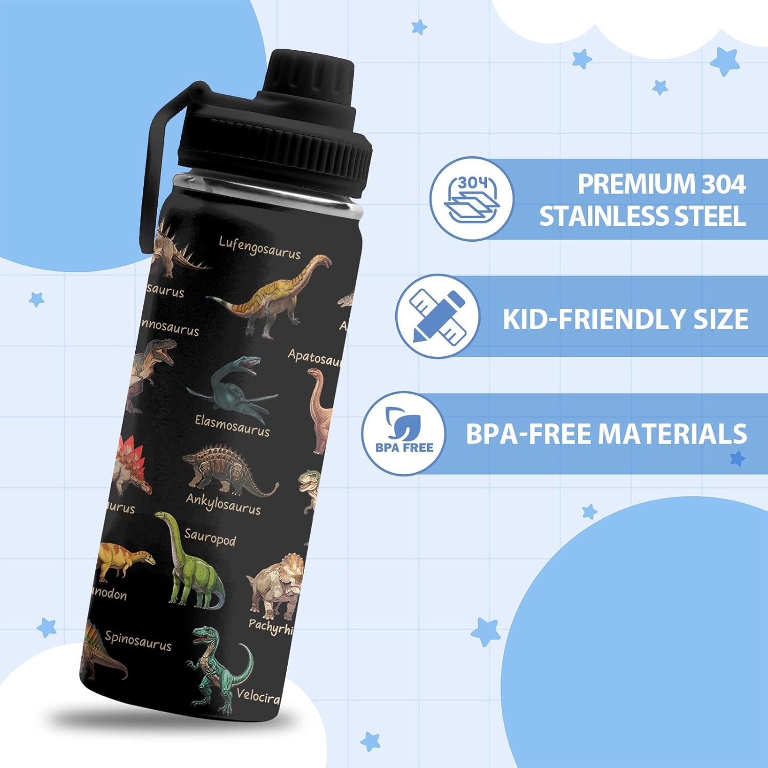 Dinosaur Gifts for Boys, 18 oz Stainless Steel Water Bottles with 2 Lids, Insulated Water Bottle with Straw, Dinosaur Cups for Travel Sports Outdoor, Birthday Christmas Gifts for Boys Dino Lovers - Image 3
