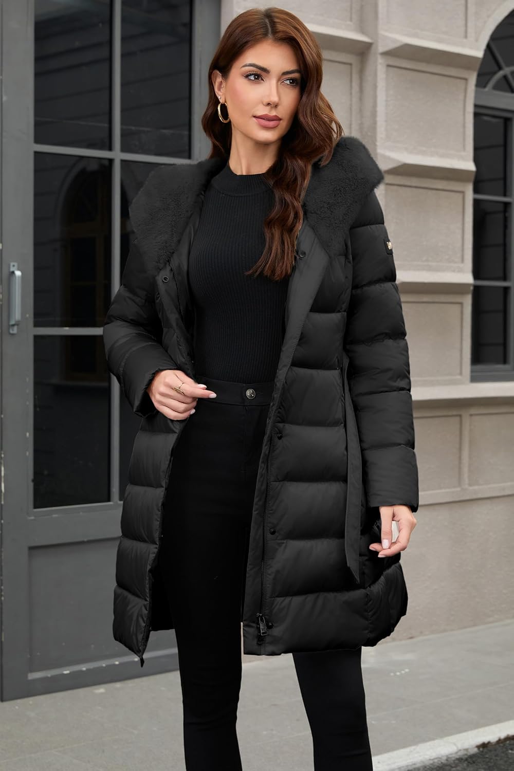 PAPILLON D'OR WEAR YOUR WINGS Women's Long Puffer Coat with Belt, Hood & Furry Lining - Knee-Length Winter Jacket - Image 3