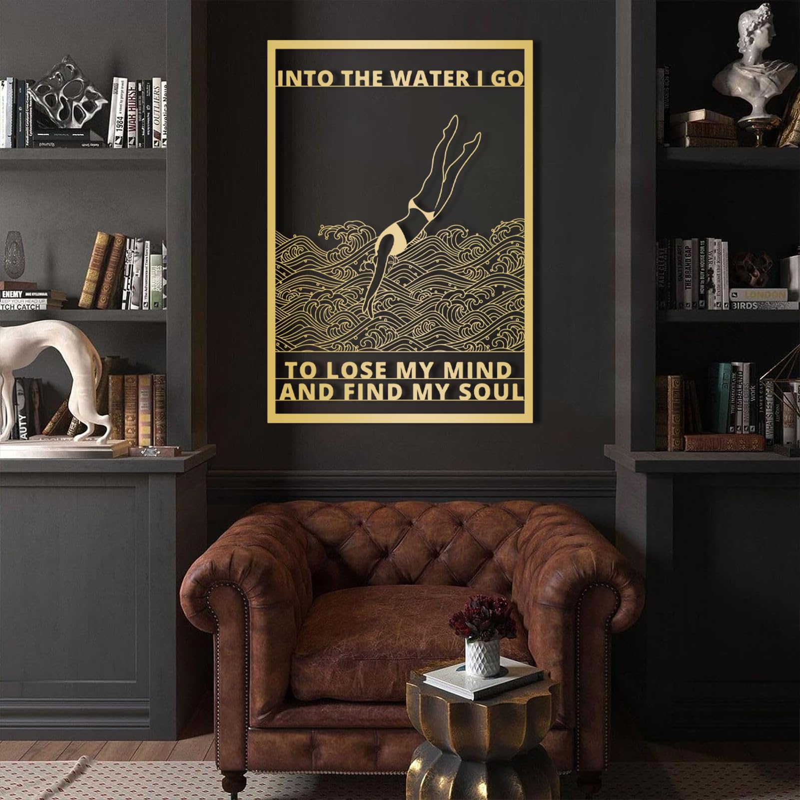 Nowoczesna minimalistyczna metalowa dekoracja ścienna z motywem tropikalnym do pływania i sportów wodnych, idealna do łazienki, salonu lub sypialni (biały, 62 x 43 cm)
