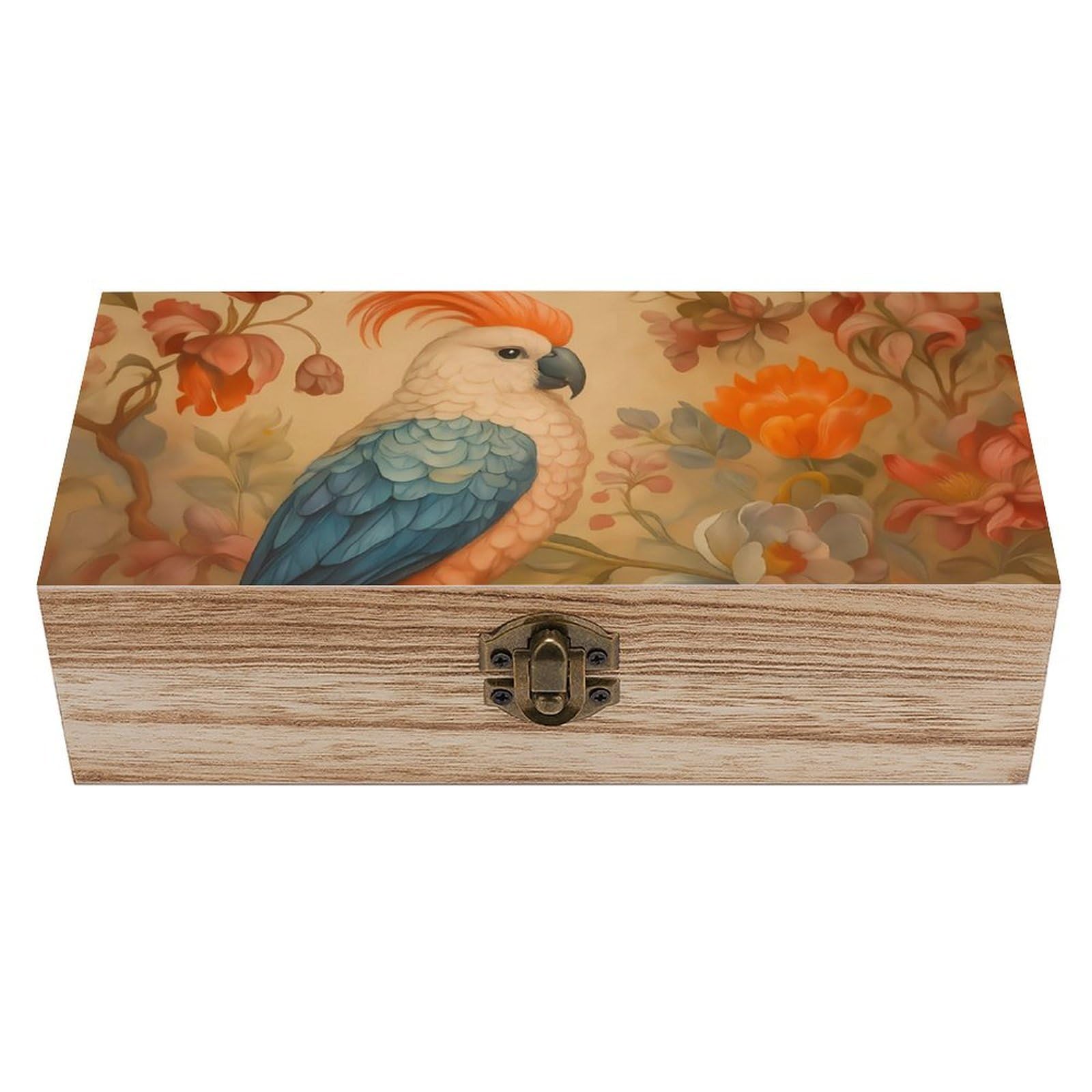 HLBSDM Parrot on Elegant Floral Branch Retro Wooden Storage Box Jewelry Art Gift Boxs Decorative Keepsake Boxes