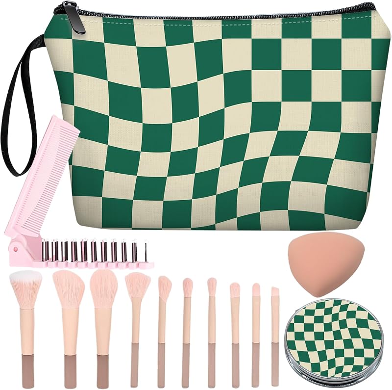 Necessaire de maquiagem JIEXAGEZOS xadrez verde com espelho, kit com 10 pincéis, esponja e pente