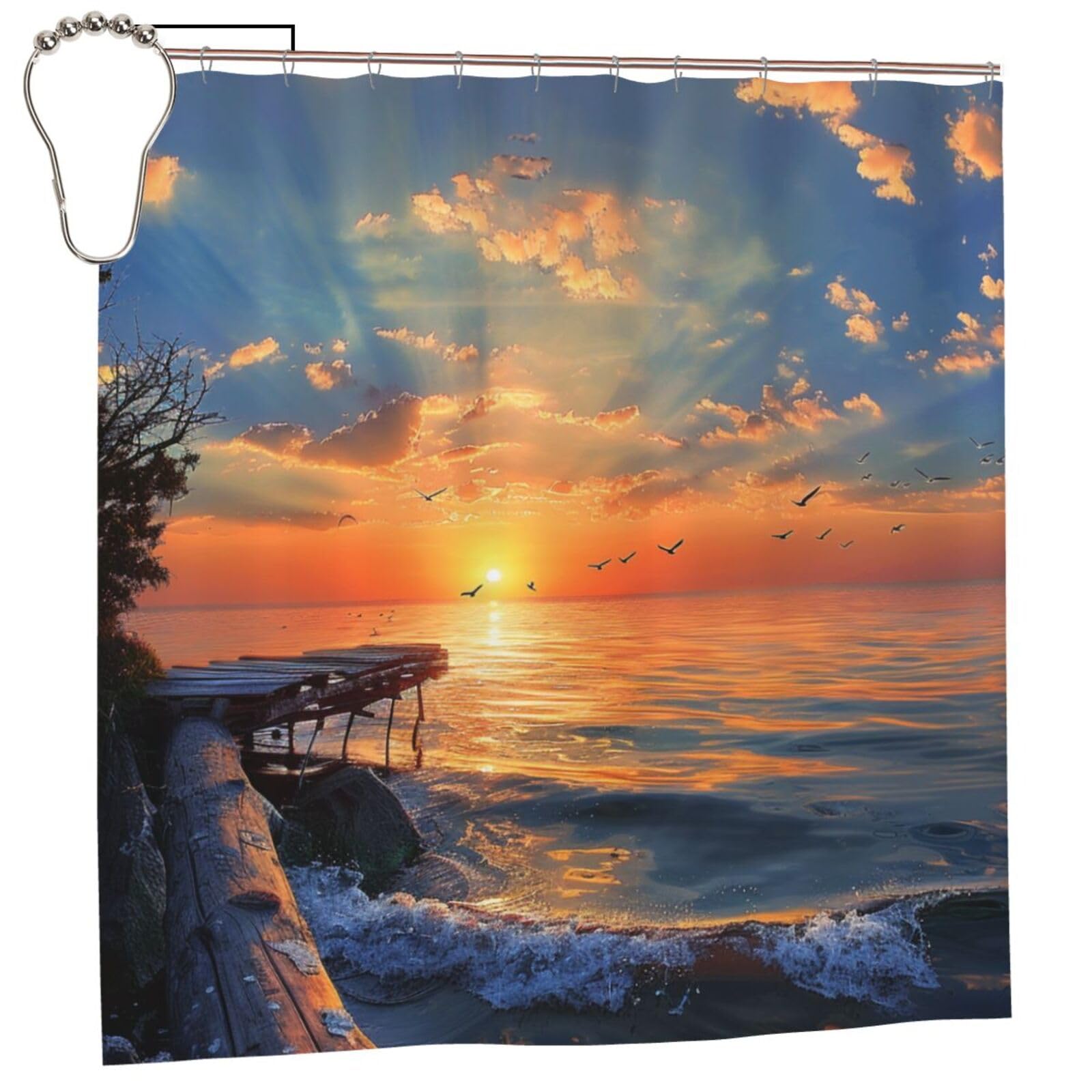 BWWHCCTI Sunset scenery Printed Shower Curtain With 12 Iron Hooks Opaque Quick Drying Waterproof Shower Curtains Sets For Bathroom 183x183 CM
