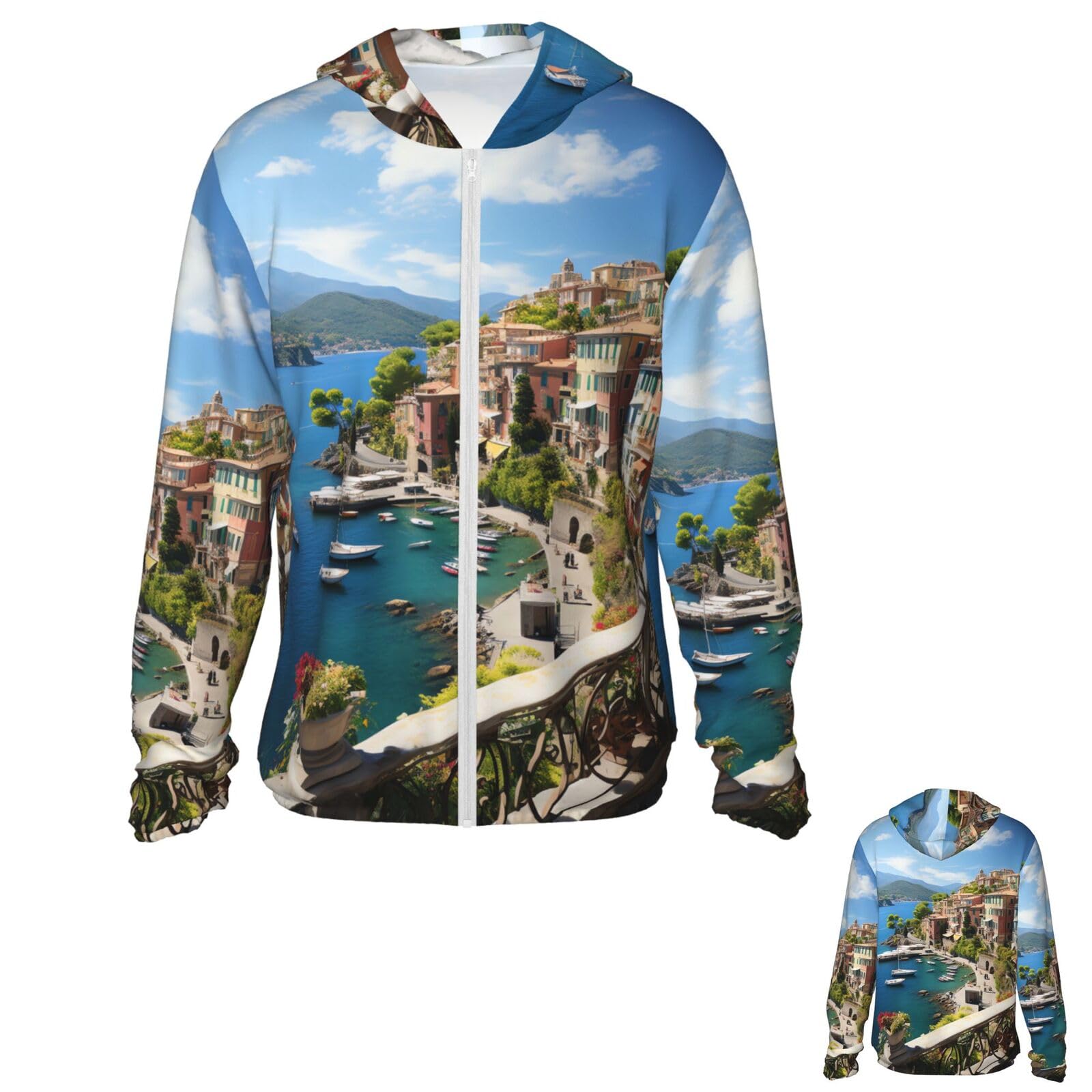 NONHAI Men's Sun Protection Jacket UPF 50+ Full Zipper Long Sleeve UV Hoodie Shirt Mediterranean View Women's Outdoor Jacket Black