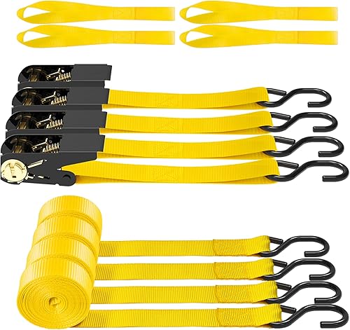 Correas de trinquete, resistencia a la rotura de 1500 libras, juego de correas de amarre premium de 4 x 15 pies, 4 bucles suaves para dispositivos