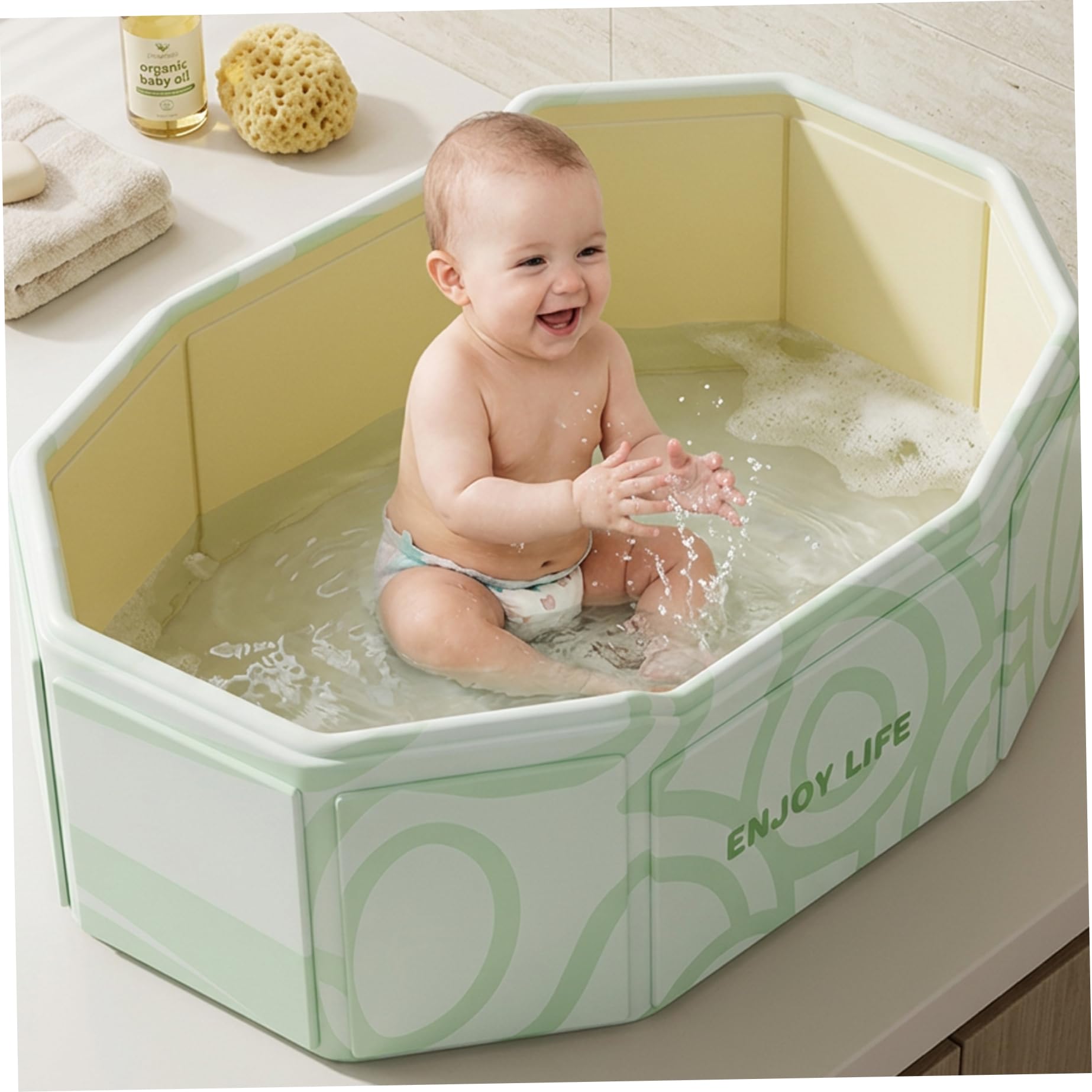 Vaschetta da bagno pieghevole per bambini, vasca portatile per bambini con design ergonomico e scarico facile, vasca da bagno pieghevole per neonati da neonato a bambino, Verde..