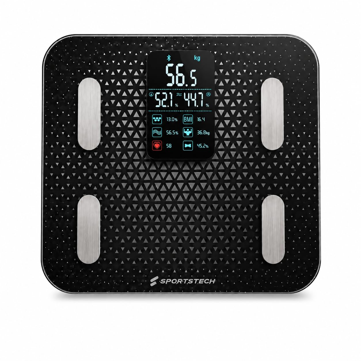 SPORTSTECH BBS300 Körperanalysewaage bis 180 kg Personenwaage mit 13 Körperwerten, Körperfett- & Muskelanalyse, 4,9-Zoll-Farbdisplay, Bluetooth und App