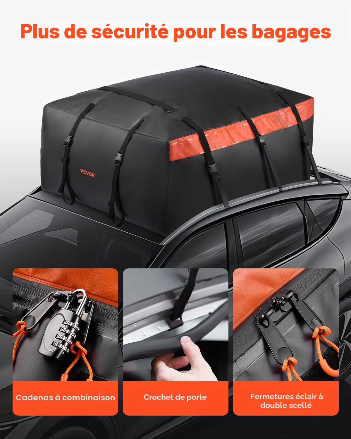 VEVOR Sac de Toit de Voiture 651 L, Coffre de Toit Étanche en PVC 840D Robuste, Sac Porte-bagages avec Serrure, Tapis Antidérapant et 6 Crochets, Installation Rapide et Facile, pour Tous les Véhicules