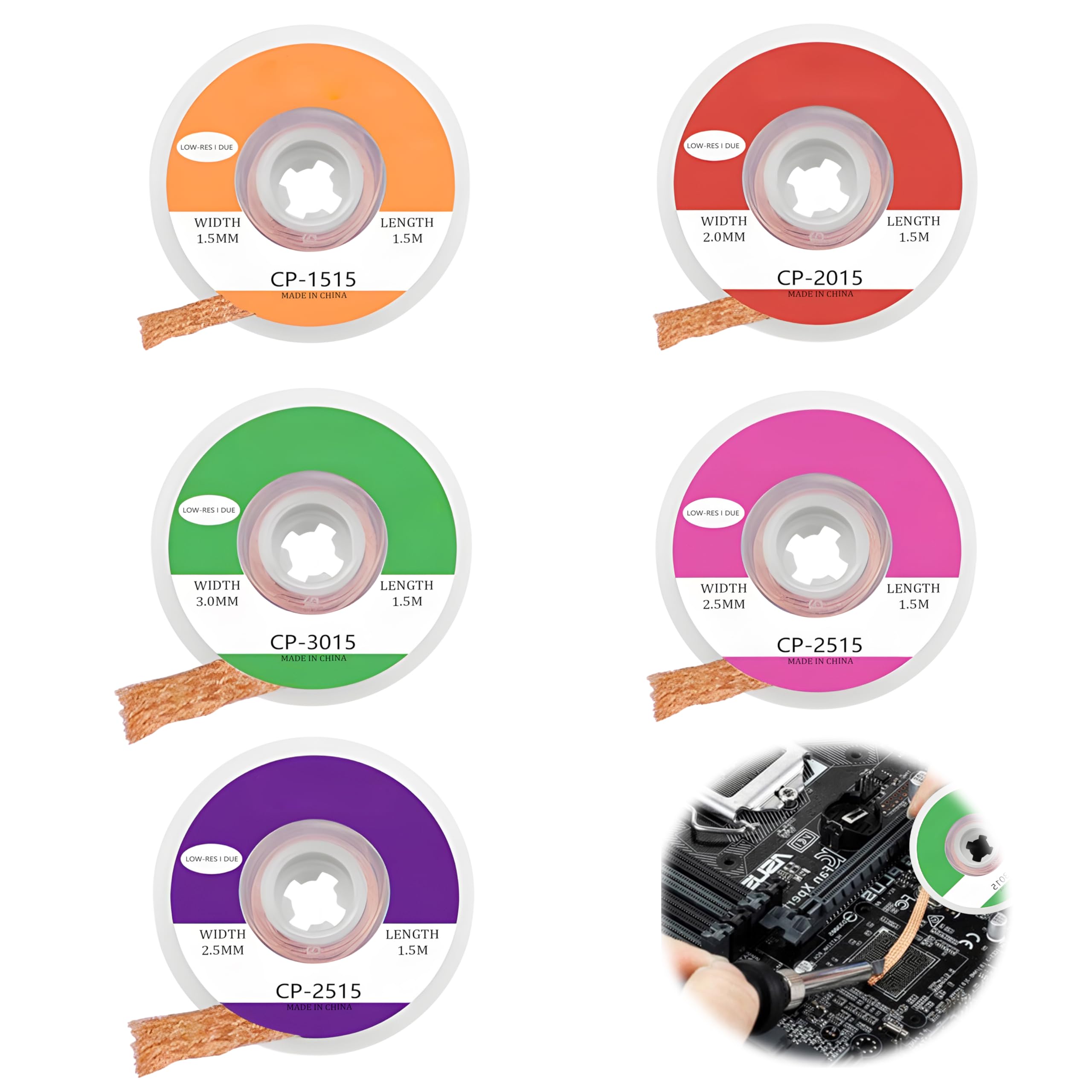 Set di 5 trecce dissaldanti, treccia dissaldante in rame, treccia dissaldante no-clean, utensile per saldatura, larghezze 1,5 mm, 2 mm, 2,5 mm, 3 mm, 3,5 mm, ideale per dissaldare e rimuovere la salda