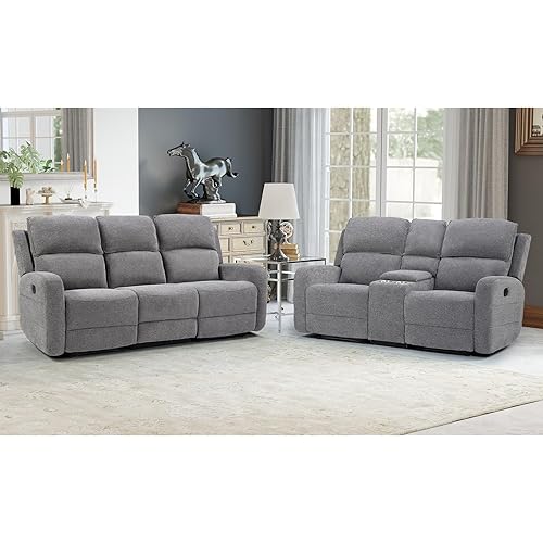 EBELLO Manual Living Room Furniture Reclining Couch Set, Soft Fabric Recliner Loveseat and 3 Seat Sofa Couch for Meeting Room, Overstuffed Backrest(Loveseat+Sofa)