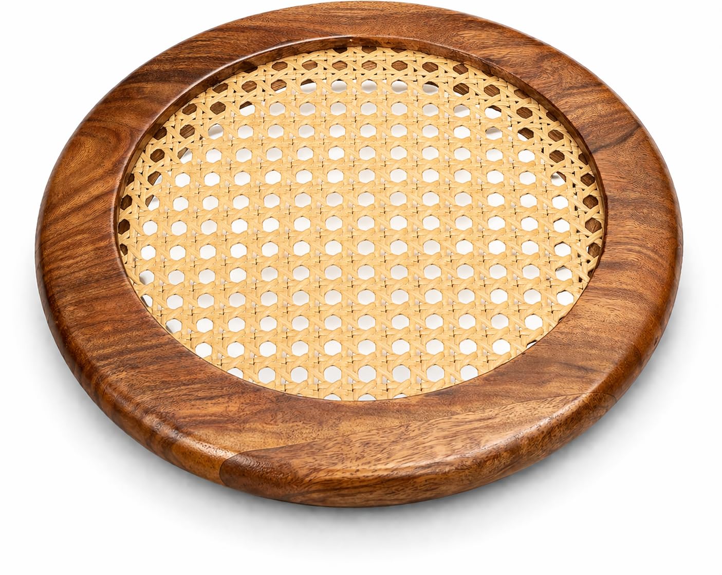Plateau de viande et de fruits en bois noble et rotin tissé