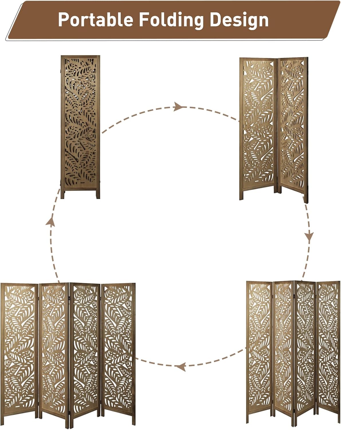ECOMEX Cutout Room Divider,4 Panel 5.6Ft Wood Room Dividers and Folding Privacy Screens,Foldable Natural Wooden Lightweight Room Partition for Office, Bedroom,Terrace,Themed Restaurant,Leaves