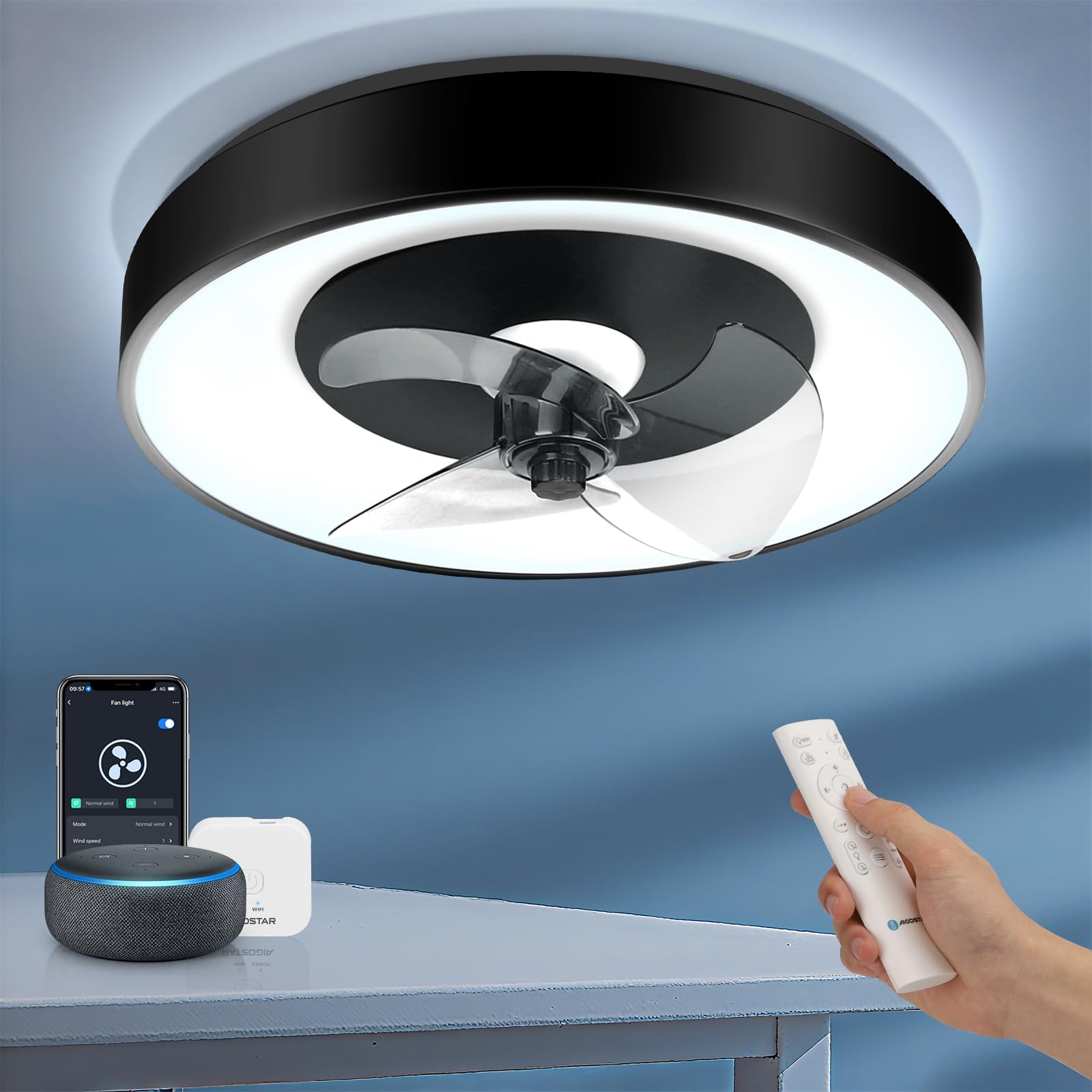 Aigostar Ventilador Techo con Luz LED Alexa - 40W, 4400LM, 2700K-6500K Regulable, Motor DC Silencioso, 6 Velocidades, Lampara Ventilador Techo Inteligente con Mando y Gateway, Ø50cm