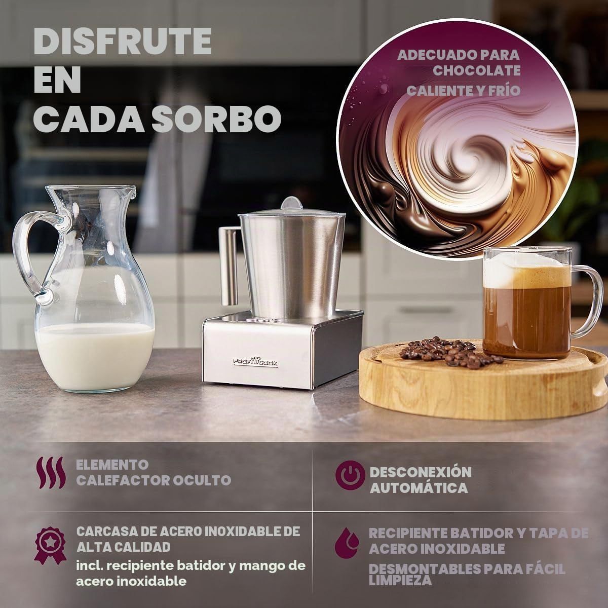 ProfiCook® Espumador de leche con función frío y calor | Espumador de leche eléctrico con 6 funciones | aprox. 500 ml de espuma | carcasa de acero inoxidable | PC-MS 1032