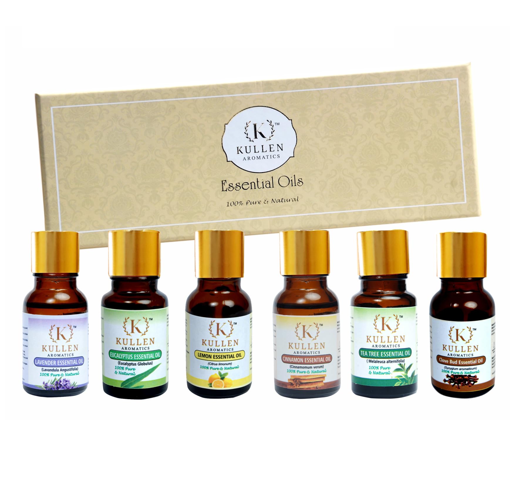 Kullen Essential Oil Set | Gift Set Box of 6 Essential Oil | Lavender Essential Oil, Eucalyptus Essential Oil, Lemon Essential Oil, Cinnamon Essential Oil, Tea Tree Essential Oil, Clove Essential Oil | Pack of 6 100% Pure and Natural Essential Oil.