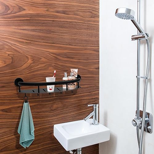 Miniatura 7 de Barra de seguridad negra de 18 pulgadas con estante de almacenamiento para bañera o ducha, orificios de drenaje, acero inoxidable, barras de agarre