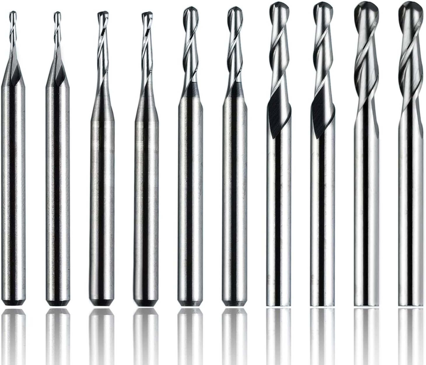 10Pcs 1/8" Shank CNC Router Bits, 2-Flute Spiral Ball Nose End Mill Solid Carbide Milling Cutter| Cutting Diameter 1/1.5/2/2.5/3.175mm