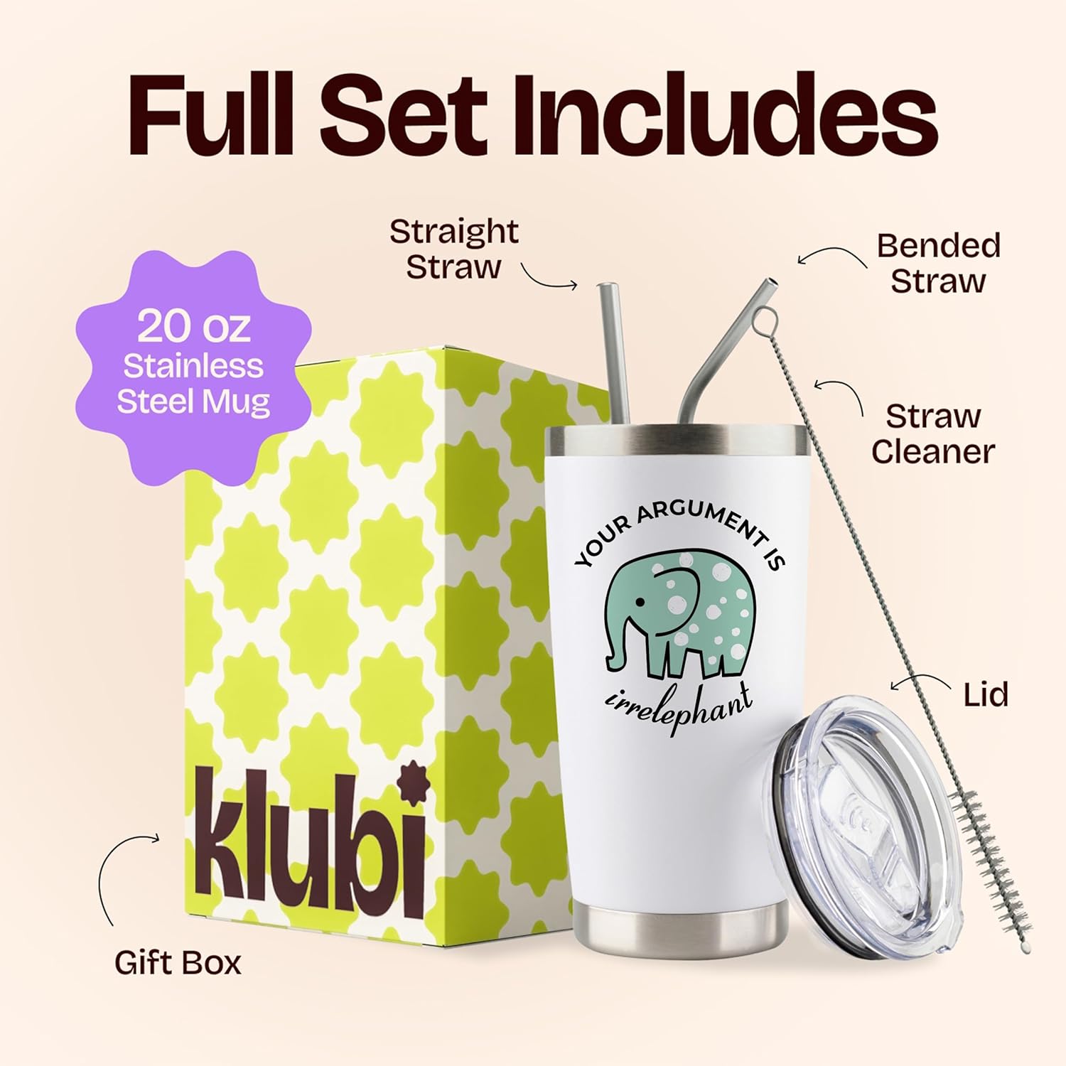 KLUBI Elephant Gifts Your Argument is Irrelephant - White Glitter Tumbler/Mug for Wine, Coffee and All Drinks - Funny Gifts for Her, Him, Lovers, Women, Stuff, Decor, Small - Image 2