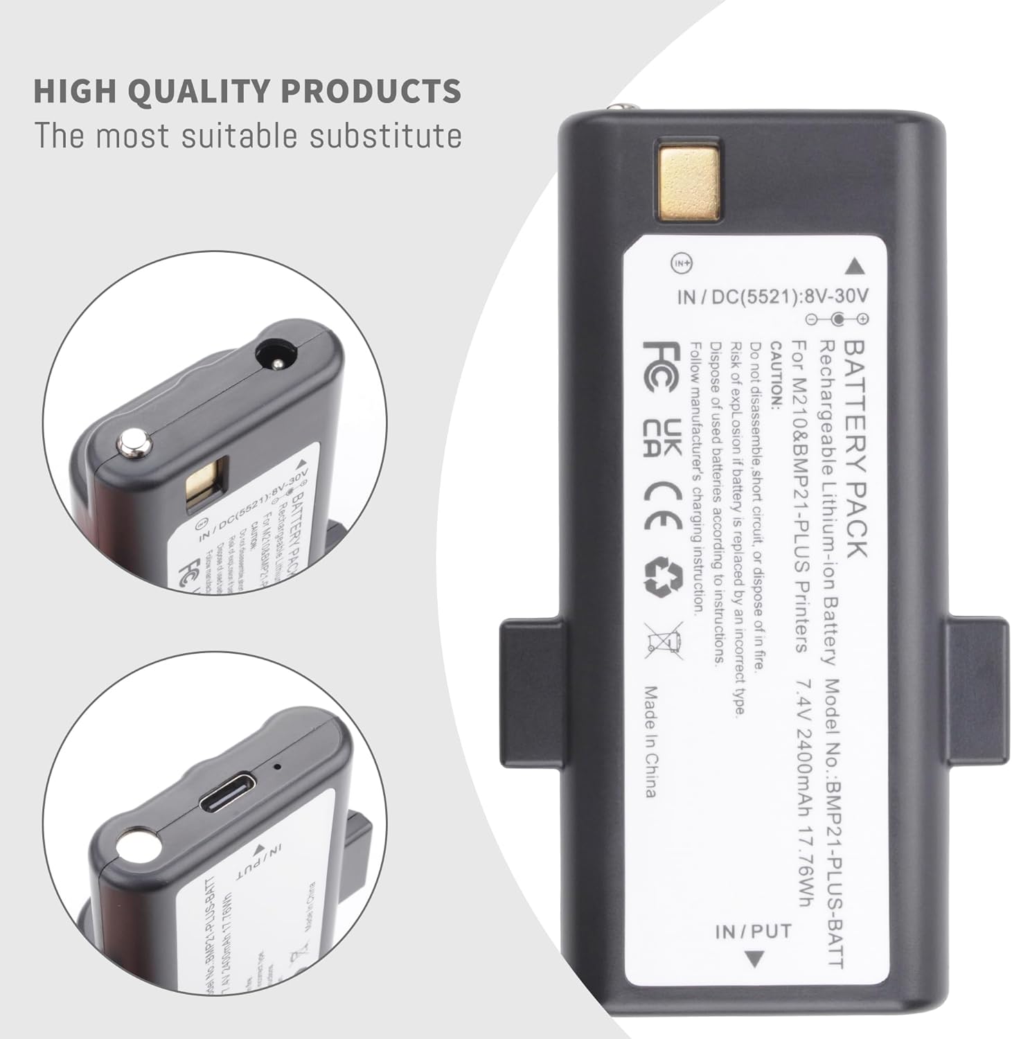 2-Pack Battery Replacement Compatible for Brady Portable M210, M210-LAB, BMP21-LAB and BMP21-PLUS BMP21-PLUS-BATT G6120161 Label Printer, Upgrade 7.4V 2400 mAh/17.76 Wh with USB Type-C Charging