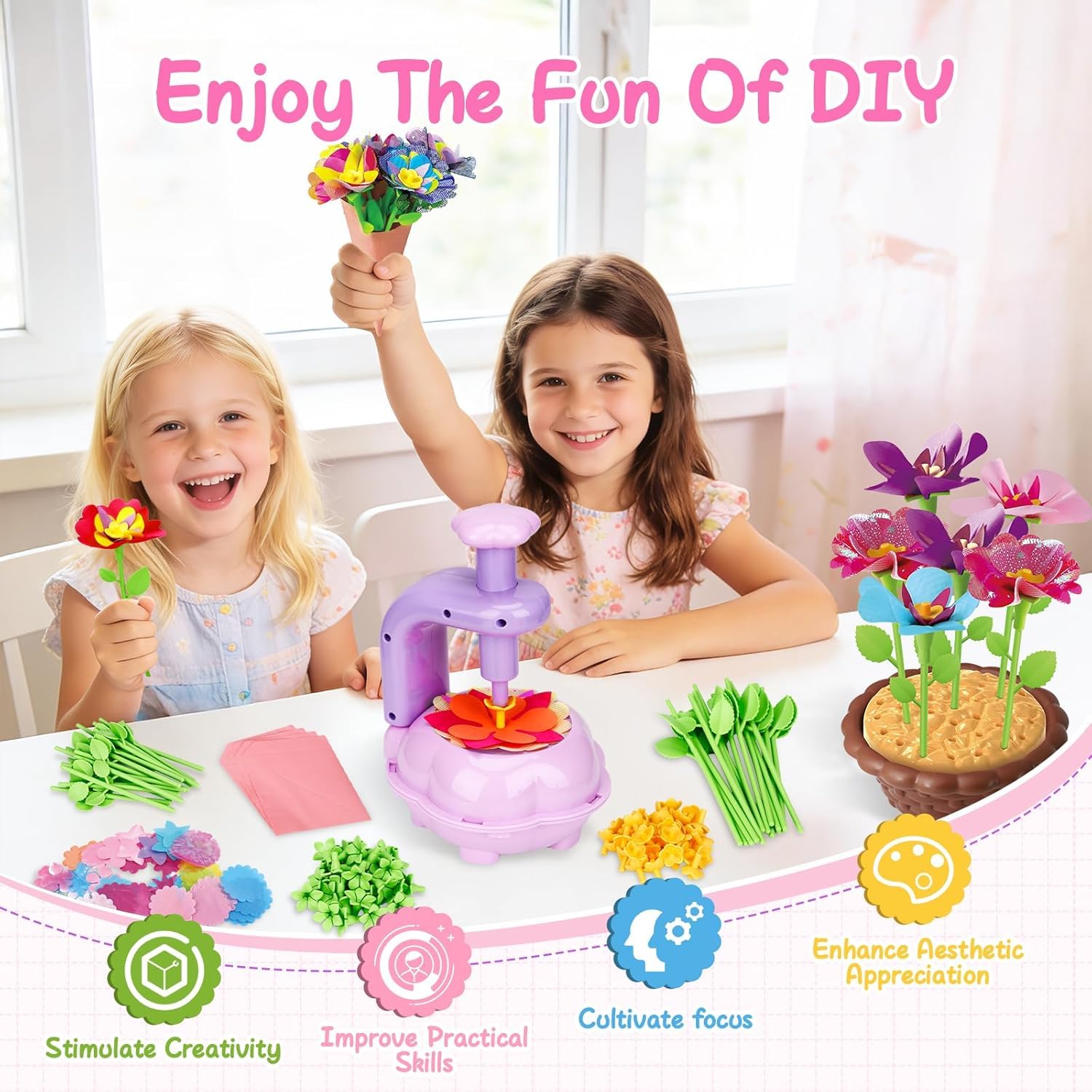 Kit Fabrication de Fleurs Tissu Bricolage Créatif pour Filles 3+ Ans Violet