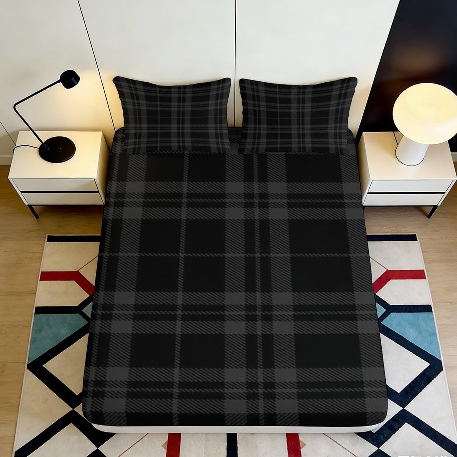 Pnayamiorkfel Style-8 3D Printed Black Plaid Fitted Sheet Microfiber Soft Breathable Tartan Grid Mattress Cover For Bedroom Guestroom Decor 90X200x25cm