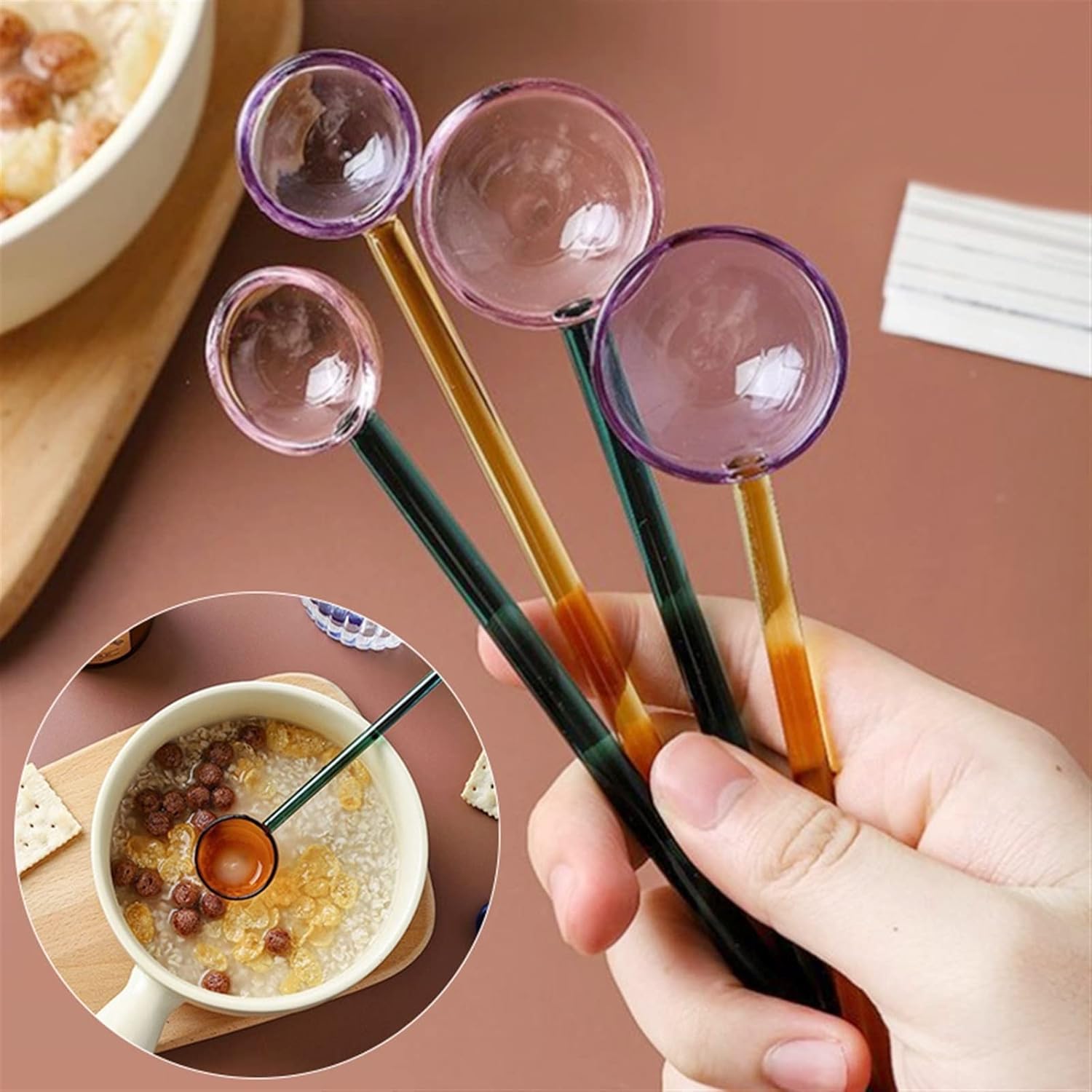 Coffee Scoops Transparent Creative Glass Milk Spoon Colored Coffee Dessert Stirring Long Handle Round Kitchen Tableware Stirrer Rod