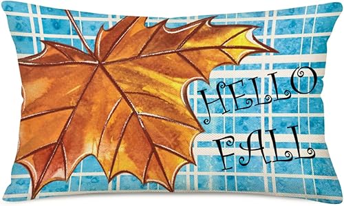 Fundas de almohada de 12 x 20 pulgadas con diseño de búfalo azul, hojas de arce, decoración de otoño y Acción de Gracias, funda de cojín rectangular