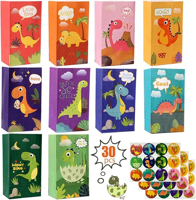 OEMG Dinosaur Party Bags, 30 Pcs Thicken Dino Paper Gift Bags, Odorless Recyclable Candy Goodie Treat Bags with 36 Stickers, for Kids Party Themed Birthday Baby Shower Halloween Boys Christmas